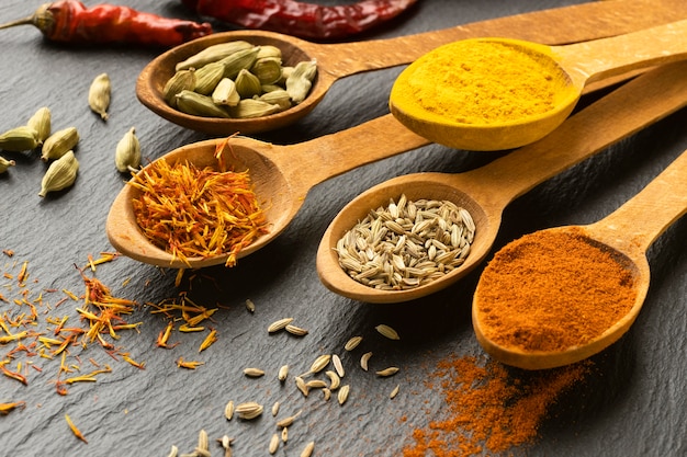 High angle indian spices with spoons