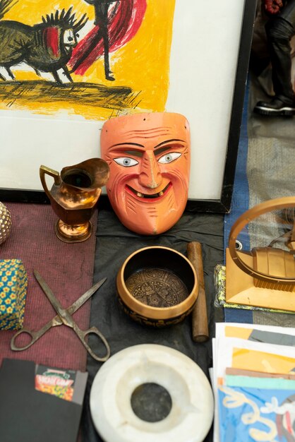 high angle items arrangement at second hand market