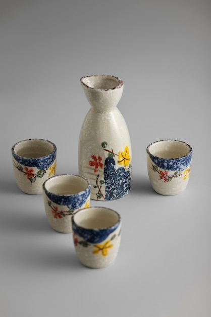 High angle japanese cups and bottle arrangement