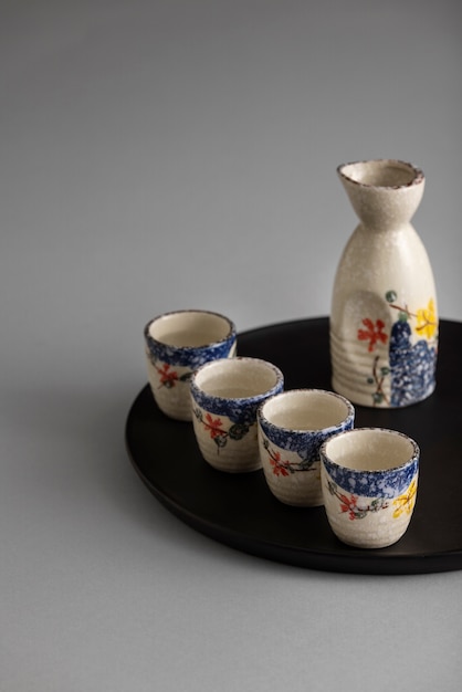 High angle japanese cups and bottle assortment