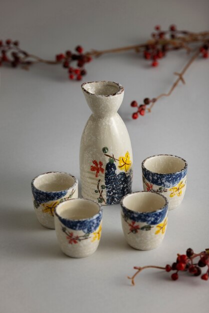 High angle japanese cups and bottle