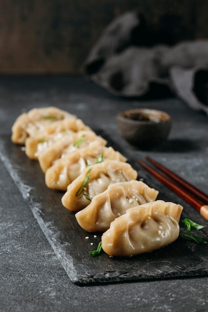 High angle japanese dumplings arrangement