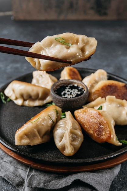 High angle japanese dumplings assortment