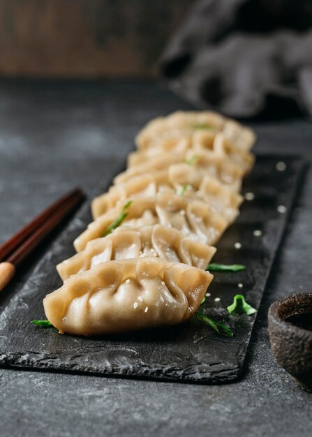 High angle japanese dumplings composition