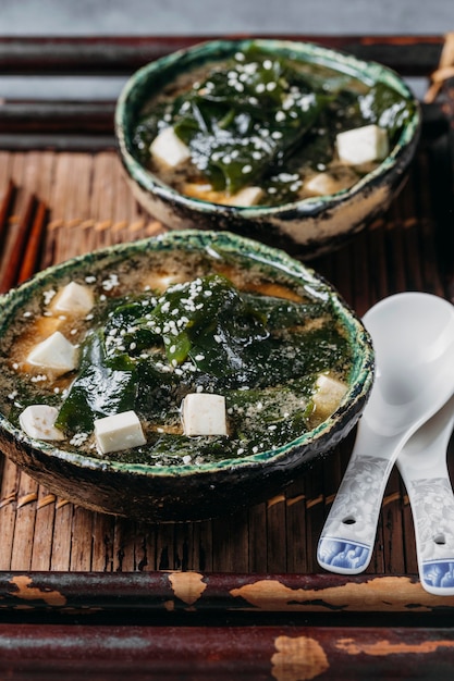 High angle japanese food in bowls assortment