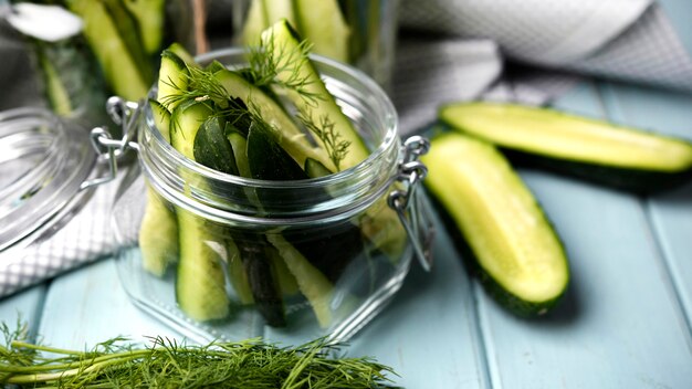 High angle jar with cucumbers