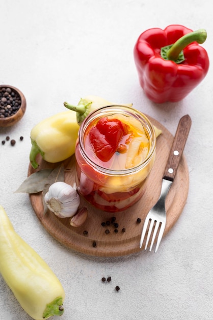 High angle jar with pickled vegetables