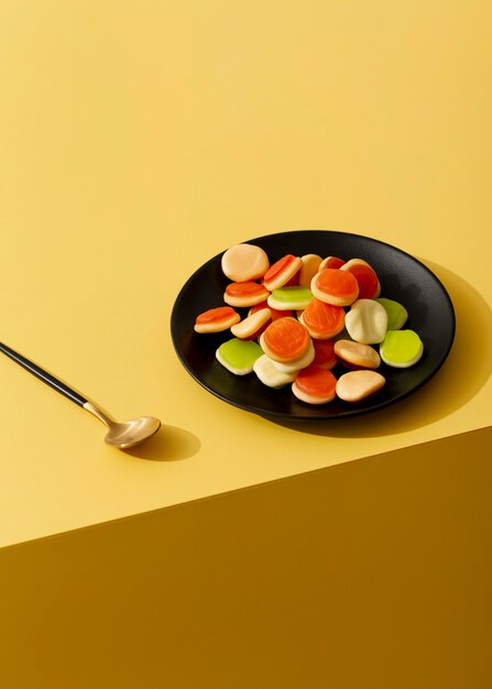 High angle of jelly candies on plate with spoon