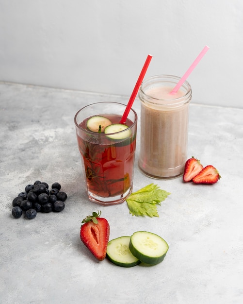 High angle juice glasses arrangement