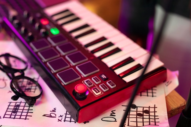 High angle of a keyboard at a local music event