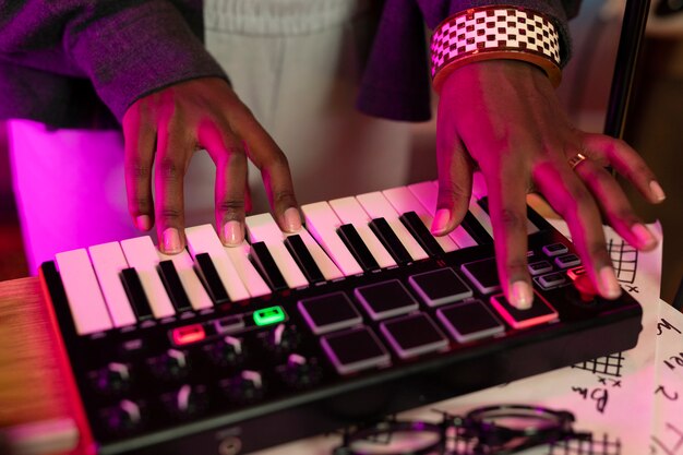 High angle of a keyboard at a local music event