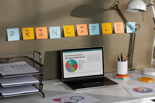 High angle laptop on desk arrangement