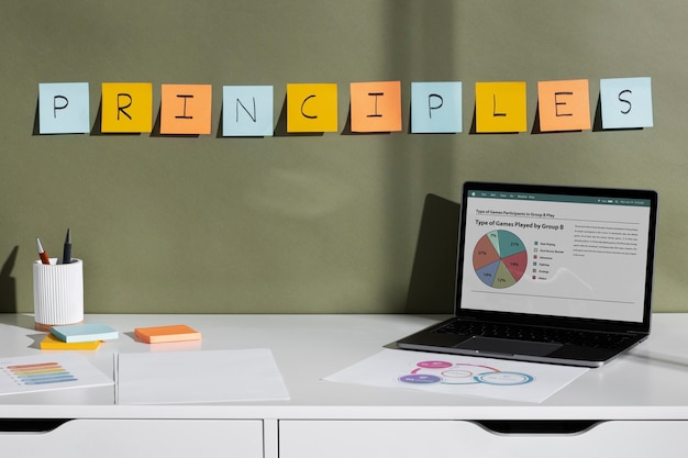 High angle laptop on desk and post its