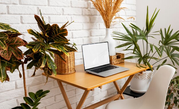 High angle laptop on table with plants