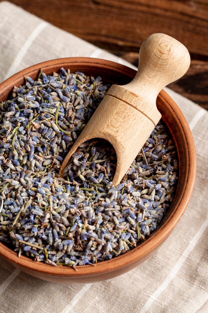 High angle of lavender in bowl with scoop