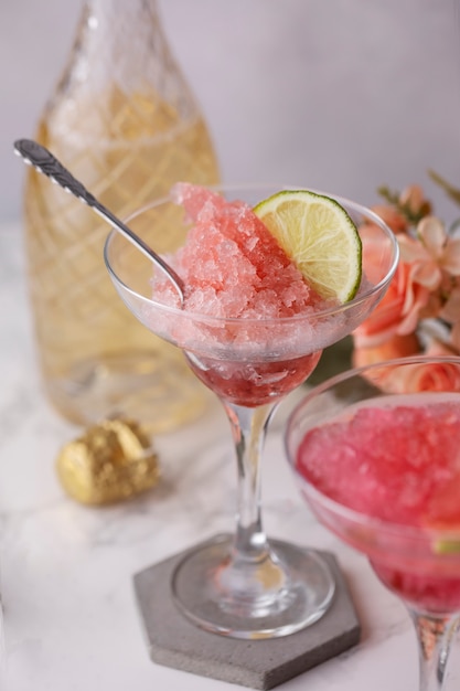 High angle lime and rose tonic granita