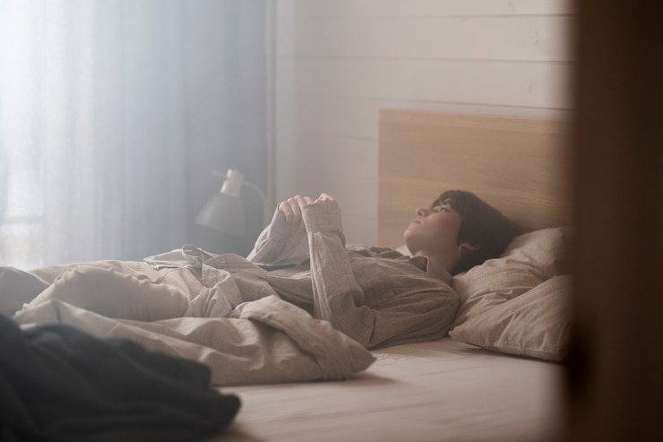 무료 Photo 침대에서 높은 각도 외로운 여자