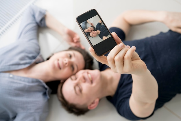 High angle of lovely couple at home