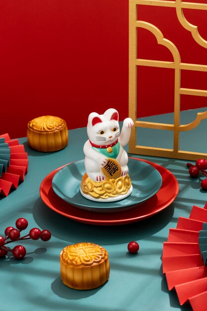 High angle lucky cat on plate