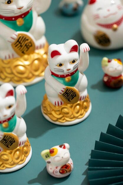 High angle lucky cats arrangement