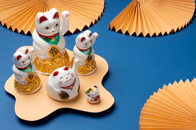 High angle lucky cats arrangement