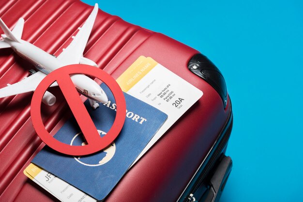 High angle luggage on blue background