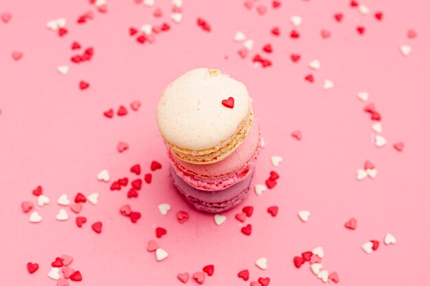 High angle of macarons for valentines day with hearts