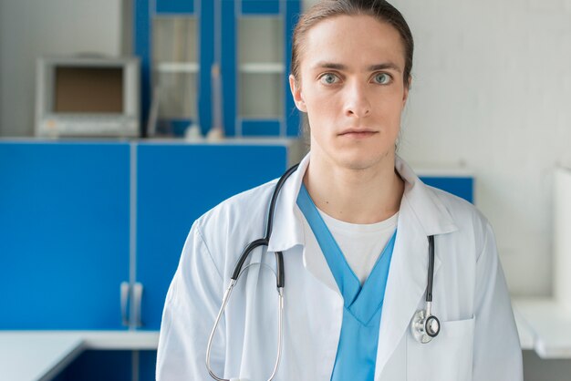 High angle male nurse with stethoscope