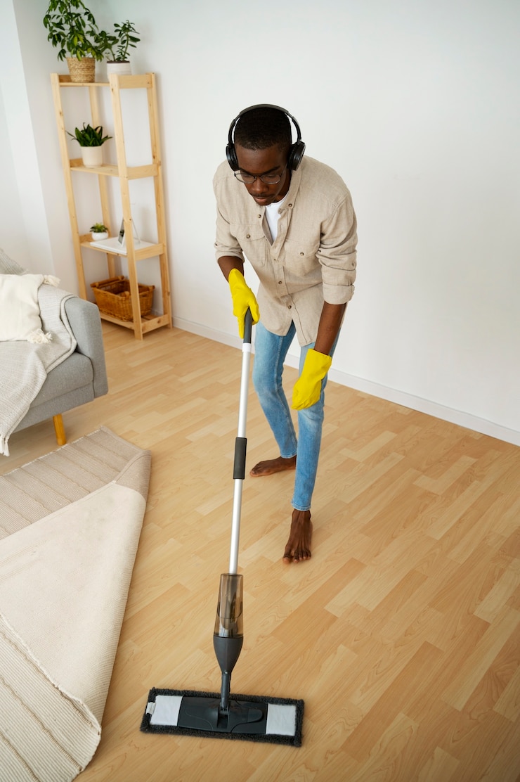 Free Photo high angle man cleaning floor with mop