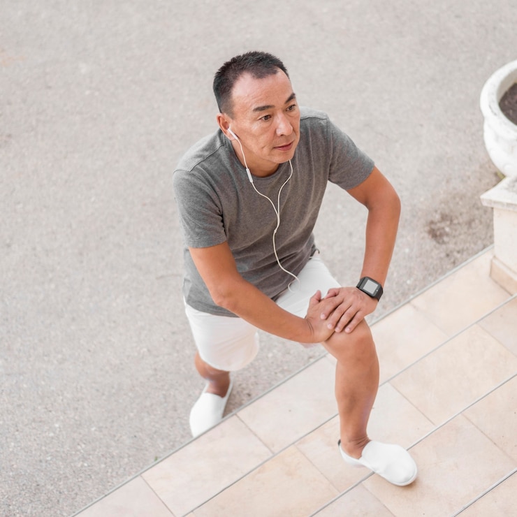 Free Photo high angle man exercising with earphones