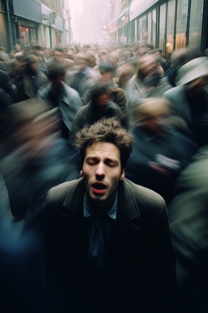 High angle man experiencing anxiety in a crowd