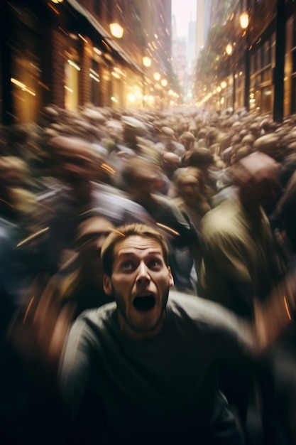 Бесплатное фото Мужчина под высоким углом испытывает тревогу в толпе