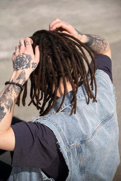 High angle man with afro dreadlocks