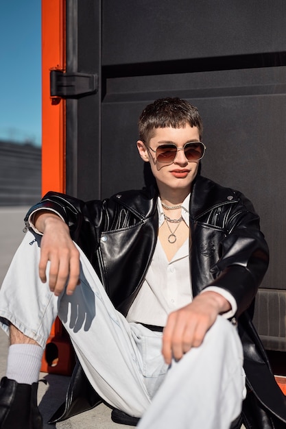 High angle man with sunglasses outdoors