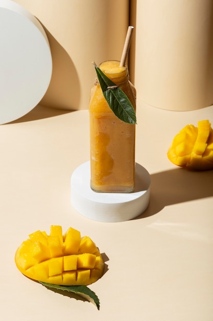High angle mango juice in bottle