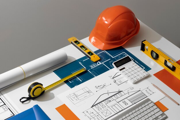 High angle measuring  tools on desk still life