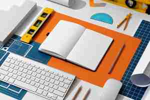 Free photo high angle measuring  tools on desk still life