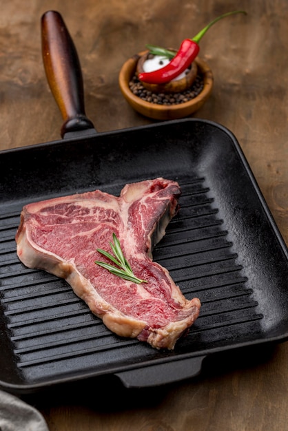 High angle of meat in pan with herbs and chili