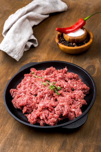 High angle of meat with chili and spices