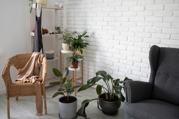 High angle messy living room with clothes