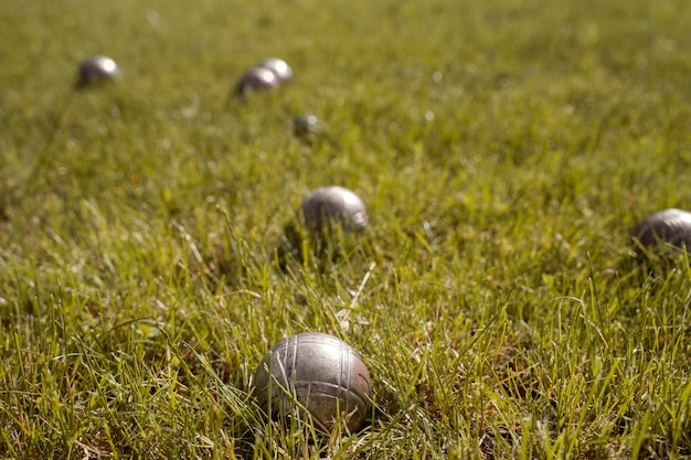 草の上の高角度の金属ボール