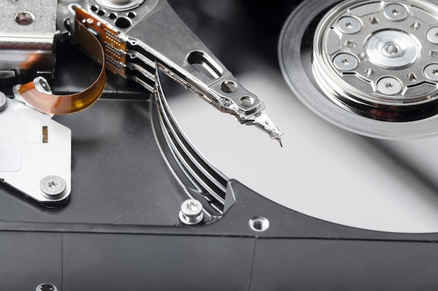 Free photo high angle metallic hard drive still life