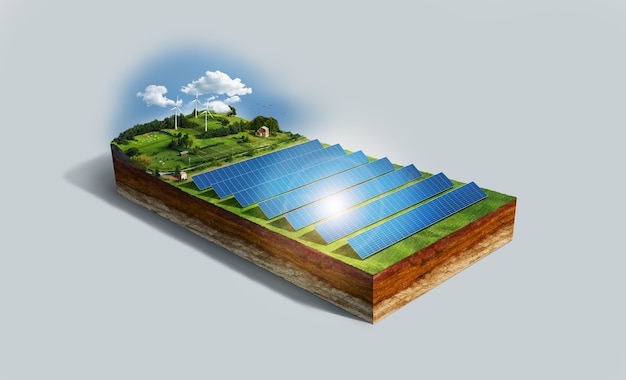 High angle of model for renewable energy with solar panels