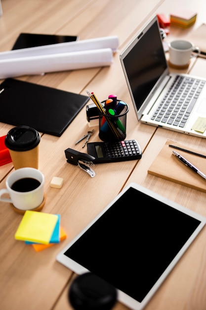 High angle modern devices at office