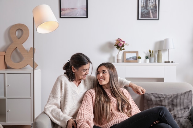 High angle mom and daughter at home