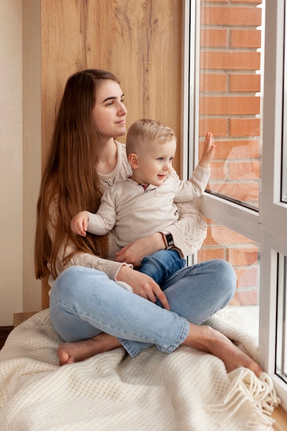 High angle mother with son