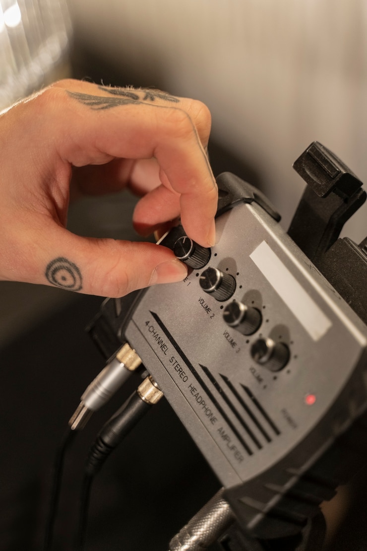 Free Photo high angle musician working in studio