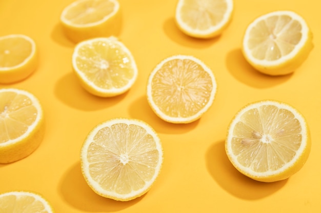 High angle natural lemon slices on table