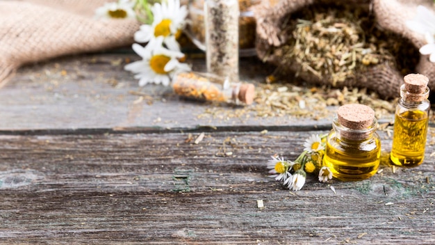 High angle of natural medicine on wooden table