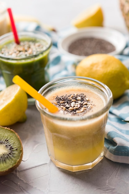 High angle natural smoothie with seeds